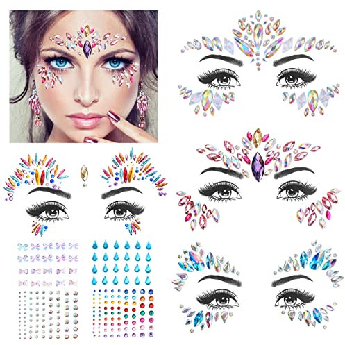 HOWAF Gesicht Edelsteine, 8stk Glitzersteine Gesicht Halloween Strass Temporäre Tattoos Festival Glitter Gesicht Juwelen Kristalle Strasssteine Gesicht Aufkleber Schmucksteine für Gruselparty Karneval
