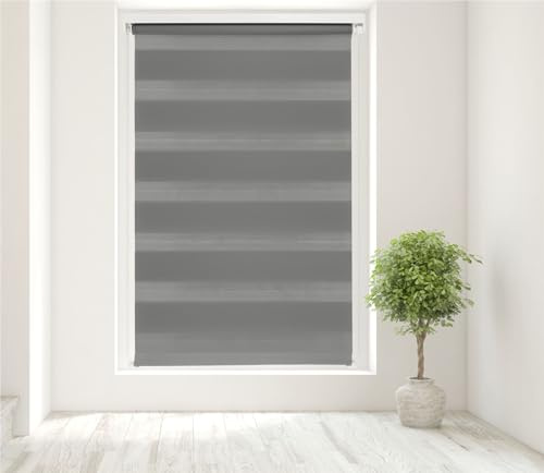 Caecus Dark Grey Day and Night Zebra Roller Blind Dual Layer Fabric Aluminium Rail Easy Fit Home Office Bedroom Kids Room Easy Fit 130cm Width x 210cm Drop
