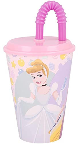 Bicchiere con cannuccia, Principesse, Disney, bicchiere per bambini, plastica riutilizzabile semirigida, BPA Free, capacità 430 ml
