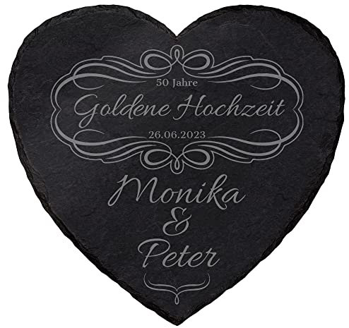 mtb more energy Personalisierbare Schiefertafel Herz ''50 Jahre Goldene Hochzeit'' - individuell anpassbar - 20x20 cm - Laser Gravur auf Schieferherz - Hochzeit Geschenk