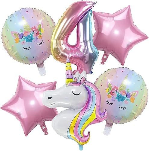Einhorn Luftballons Geburtstag 4 Jahre, 6 Stück Einhorn Luftballons Mädchen, Luftballons 4. Geburtstag Mädchen, Einhorn Ballons Geburtstag, Helium Folienballon Kindergeburtstag Deko für Mädchen