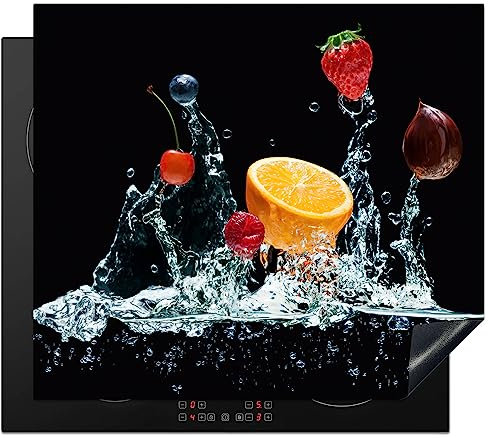 KitchenYeah© Protege Couvre Plaque De Cuisson Deco Cuisine Tapis Protection Protecteur Induction 58x51 cm Eau - Fruit - Orange - Fraise - Cerise - Noir
