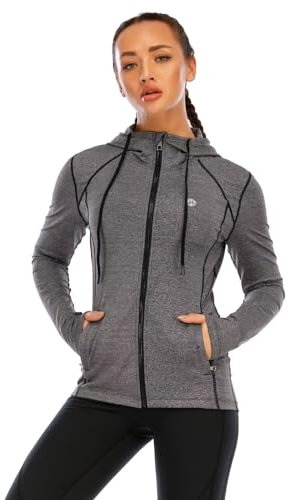 HDTIYUYP Damen-Sportjacke mit LSF – langärmelige Laufjacke mit Kapuze, leicht, durchgehender Reißverschluss, Wanderjacke mit Reißverschlusstaschen, Damen-Trainingsjacke für Damen, Dunkelgrau M