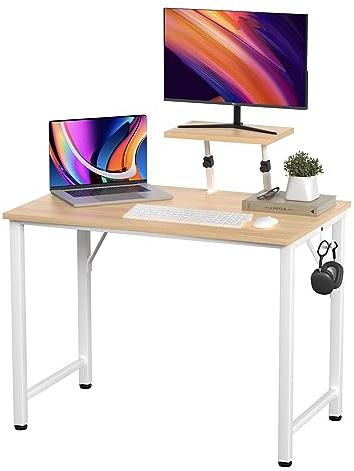 Lvhecforhm Petit Bureau Bois, Table D'ordinateur avec Support de Moniteur Relevable, Table de Bureau avec Crochet pour Casque D'écoute, Bureau Ordinateur 80x40x75-91cm, Bureau d'Écriture pour Étudier