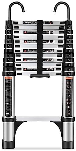 HBTower 3,8m Teleskopleiter Aluminium mit Haken, Leichte Ausziehleiter, Leiter Ausziehbar, klappbare Leiter für Dachböden, Caravans, 150kg Tragfähigkeit, Silber