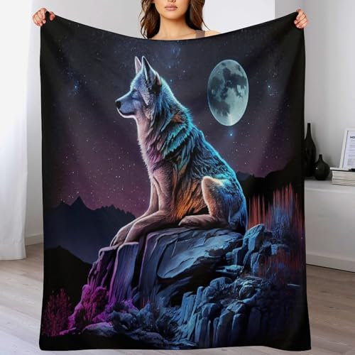 PAZZK Wolf Kuscheldecke Flauschige Decke Decke Vier Jahreszeiten Wohndecke Dicke Sofadecke Couchdecke Weiche Fleecedecke Flannel Sofaüberwurf Tagesdecke Für Bett/Sofa（130×150cm）