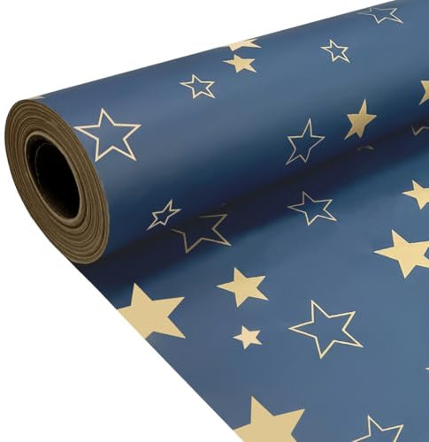 Rouleau de papier d'emballage cadeau 43 cm x 15 m, papier kraft étoile bleue recyclable pour Noël, anniversaire, Halloween, décoration de fête de mariage