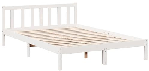 vidaXL Massivholzbett, Holzbett mit Kopfteil Lattenrost, Doppelbett für Schlafzimmer, Bett Bettgestell, Modern, Weiß 140x210cm Massivholz Kiefer