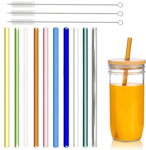 Lot de 10 pailles en verre réutilisables,droites en verre avec 3 brosses de nettoyage, paille en verre,paille bubble tea,conviennent pour le thé à bulles, les cocktails, les jus, les