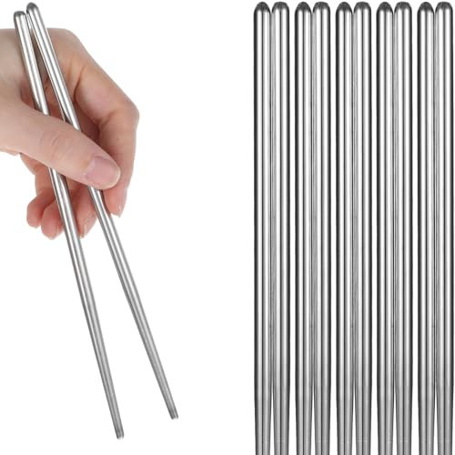 JIEYAO 5 Pairs Premium Stainless Steel Chopsticks, 18cm Non-Slip Reusable Metal Chopstick Silver Lightweight Chopsticks Dishwasher Safe Use for Home Kitchen Hotel Restaurant