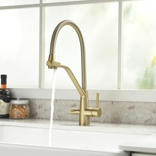 TIMACO 3 Wege Wasserhahn Küche Gold,Küchenarmatur-360° Drehbar,mit 3 in 1 Wasserhahn für Wasserfilter,Spiralfederarmatur Trinkwasserhahn mit Doppelhebel,Hochdruck,Gebürsteter Gold