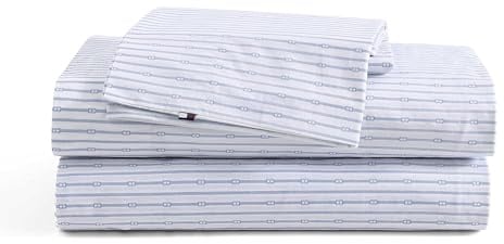 Tommy Hilfiger - Sheet Set, Cotton Percale Bedding with Matching Pillowcases, Crisp & Cool, Premium Quality Home Essentials (Monogram Stripe Blue, King)