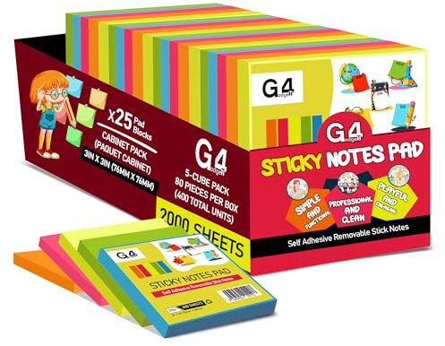 G4GADGET Sticky Notes Cube 400 Sheets - 76x76mm Neon Colors - Self-Stick Notes for Reminders, to-Do Lists & Messages - Strong Adhesive, Repositionable Sticky Notepads for Home, Office & School (5)