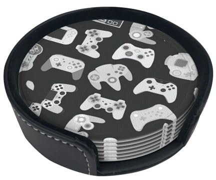 Untersetzer mit Game-Controller-Druck, 6 Stück, mit Halter, Getränkeuntersetzer, PU-Tassenmatten für heiße oder kalte Getränke