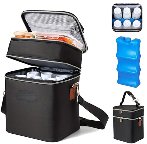 Breastmilk Cooler Bag Double Layer: Baby Bottles Bag with Ice Pack Fits 6 Bottles Waterproof Oxford Fabric Small Cooler Lunch Bags for Nursing Moms