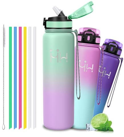 Borraccia Termica- Bottiglia Termica 1 litro- Bottiglia Termica | Borracce Termiche con Cannuccia- Mantiene Caldo per 12 Ore/Freddo 24 Ore, Borracce Termiche per Fitness, Trekking, Yoga
