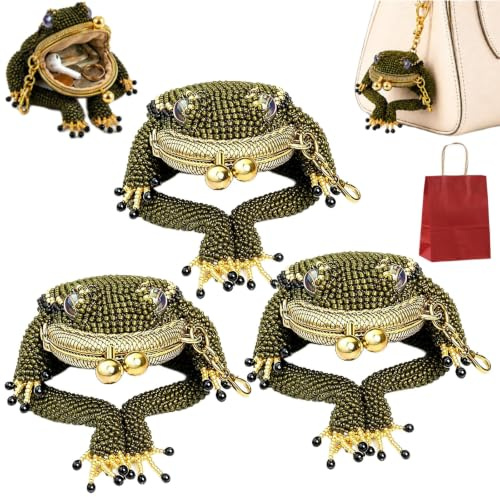 Charming Frog Coin Purse, Beaded Frog Coin Purse, Cute Amphibian Accessory Container, Kiss Lock CoinPurse, Daily Carry Handheld Ring Anhänger Dekoration für Frauen (3 STÜCKE)