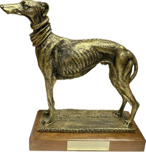 RegalosDeBodaOnline Figura Galgo GRABADA Escultura Personalizada con Nombre Perro de Resina Dorada y pena de Madera