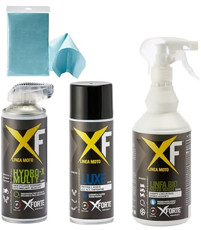 XFORTE Kit Pulizia Moto con shampoo Linfa concentrato + Luxe Lucidante protettivo idrorepellente anti moscerini 400 ml + Hydro X-multy tappo doppia erogazione 400 ml +9 panni F-clean evo in omaggio
