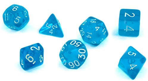 shibby 7 polyedrische Würfel für Rollen- und Tabletopspiele in transparent/blau mit Beutel