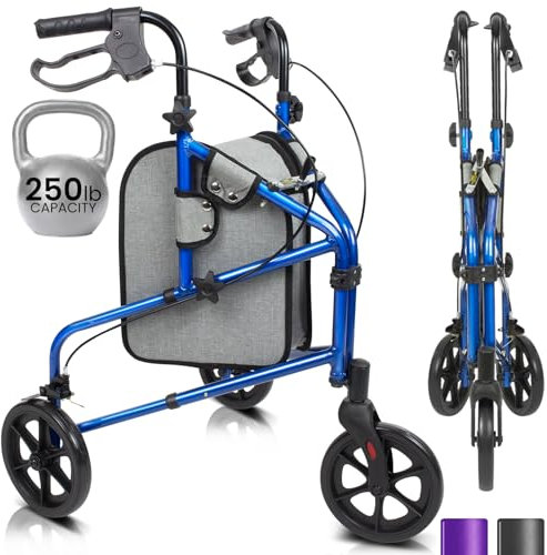 Vive Mobility Rollator mit 3 Rädern, leicht und faltbar, für Senioren, ältere Menschen, Männer, Frauen, faltbar, strapazierfähig, mit drei Rädern, für den Innen- und Außenbereich (blau)