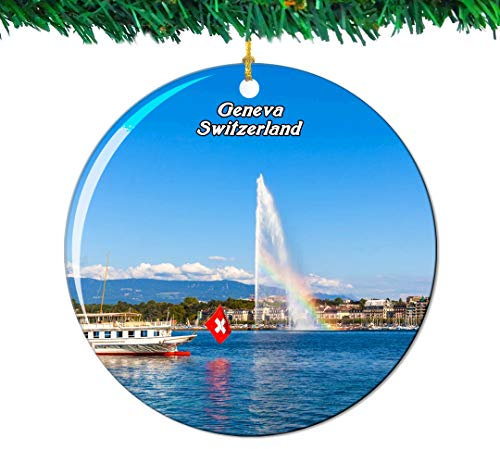 Weekino Jet Fountain Lake Geneva Switzerland Swiss Christmas Ornament City Travel Souvenir Collection Double Sided Porcelain 2.85 Inch Hanging Tree Decoration