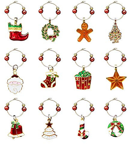 CNYMANY 12 Stück Weinglas Charms, Zink-Legierung Weihnachten unter dem Motto Becher Drink Marker Tags mit Schnalle Design für Weihnachten Wein Cocktail Champagner Party Favors Supplies Geschenke