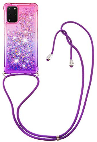 Handykette Handyhülle kompatibel mit Samsung Galaxy S20 Hülle Gradient Glitzer Flüssig Hülle mit Band Kette Schutzhülle Weiche Flexible Transparent TPU Stoßfest Case Cover(Pulver Purple)