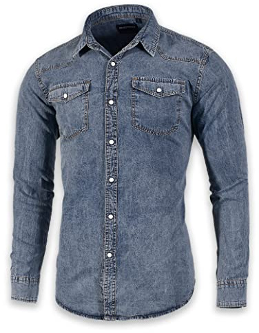 Herren-Denimhemd mit langen Ärmeln, Druckknöpfen und doppelter Brusttasche
