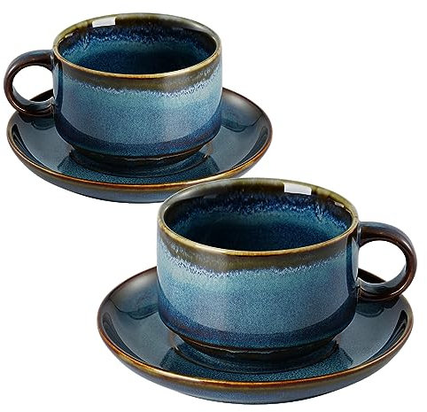 MIKIGEY Ceramics 10oz Cappuccino Cups with Sacuer, Set of 2, Coffee Cup for Au Lait, Latte, Tea, Mocha-Set of 2, Dishwasher and Microwave, Reactive Blue