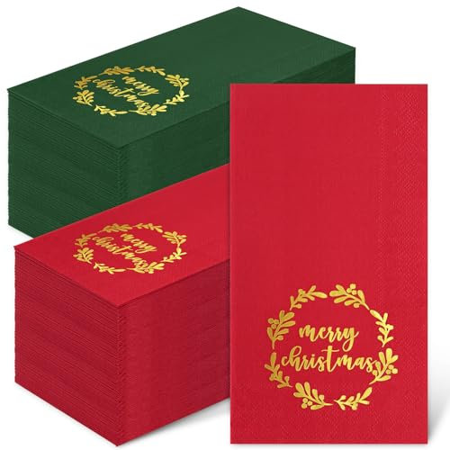 Whaline Weihnachtsgäste-Servietten, Goldfolie, Kranz, 3-lagig, Einweg-Servietten, Frohe Weihnachten, Badezimmerservietten, rot-grün, Gästehandtuch-Servietten für Weihnachten, Partyzubehör, 80 Stück