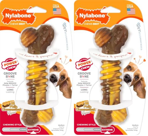 Nylabone Extreme Tough Dog Chew Toy Bone, Durable, Cleans Teeth, Beef & Cheese, Medium, for Dogs Up to 16 kg (Pack of 2)