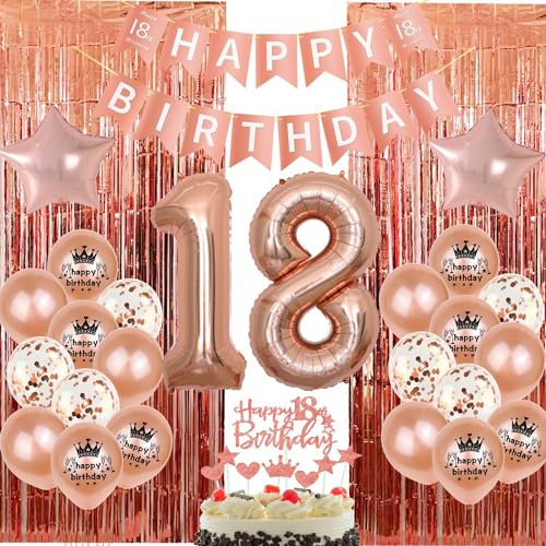 Decorazione Oro Rosa 18 anni compleanno ragazza, Palloncini 18 anni compleanno Oro Rosa, Tende Metalliche 18 anni compleanno ragazza, Decorazione torta 18 anni compleanno, Oro Rosa Tenda orpelli