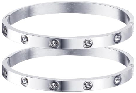 WATEFOER 2 Stück Armreif Gold Damen 18k Gold plattiert Edelstahl Armreif mit Zirkonia Steinen einfache Stil Liebe Armband Schmuck Muttertag Geburtstagsgeschenke für Paare Freundin