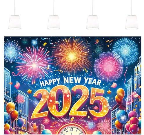 Happy New Year Hintergrund, 2025 Neujahr Photo Booth Hintergrund Banner, 202,6 x 59 Zoll Hintergrund Banner für Neujahr Photo Booth Hintergrund Dekorationen