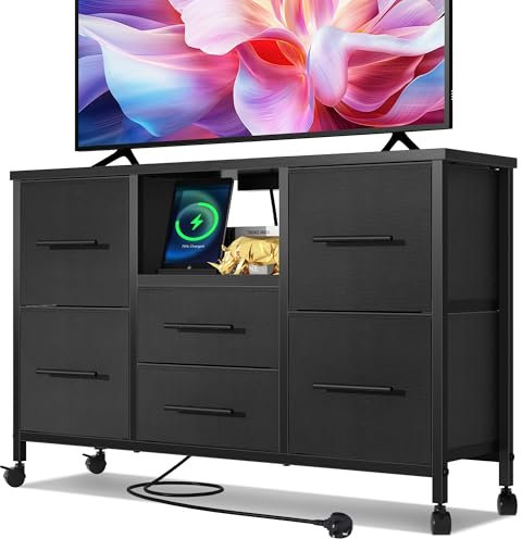 MIKIICOCO Chest of Drawers, Dresser for Bedroom with 6 Drawers, 43.3'' Long TV Stand with Outlet, Clothes Storage Unit with 4 Castors, Fabric Drawers, Metal Frame