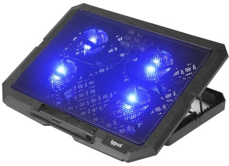 iggual – Base Refrigeradora Portátil de hasta 17” con 4 Ventiladores Silenciosos y Soporte para Móvil, Base Ajustable con 7 Alturas y Luz LED Azul, Incluye Cable USB-A (RP4V17)