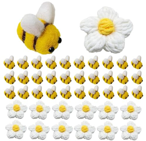 42 Stück Bienen Deko, Bekleidungsdekorationen, DIY Handwerksdekorationen, Mini Dekofilz aus Gekämmtem Baumwollmaterial, Kleidung und Taschen Dekorieren, (30 Kleine Bienen+12 Gelbe Häkelblumen)