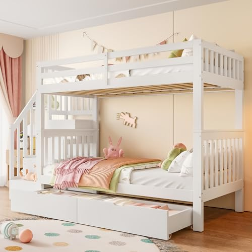 Etagenbett 90x200cm weißes Bettgestell aus Kiefer mit Treppenregal für das Jugendzimmer Stauraumbett massiv Jugendbett EN747 geprüft Funktionsbett mit Schubladen