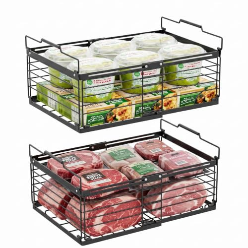 BLYLUND 2 Pack Adjustable Chest Freezer Organiser Basket Storage Box, Stackable Freezer Basket with Fold Up Handles, Durable Wire Basket Storage Matte Black