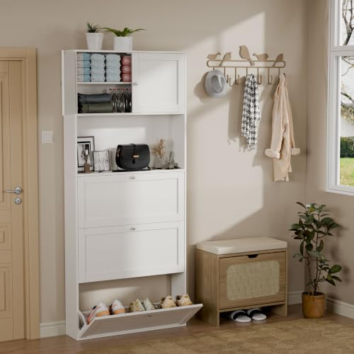 ELUCHANG Schuhschrank schmal Platzsparender mit 3 Klappen Schuhkipper Schuhkommode, Offene Mittelablage + Staubdichter Oberschrank Mehrzweckschrank Vorratsschrank für Flur/Schlafzimmer/Büros, Weiß