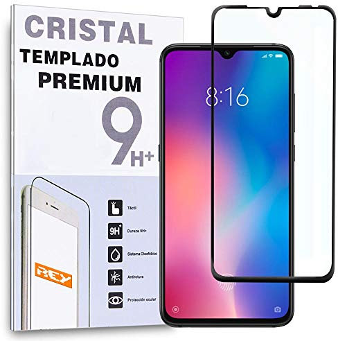 REY Protector de Pantalla Curvo para XIAOMI Mi9 - Mi 9, Negro, Cristal Vidrio Templado Premium, 3D / 4D / 5D