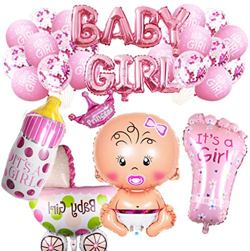 Babyparty Deko Mädchen, Baby Shower Party Deko - Baby girl Ballon banner, Aluminiumfolienballon (Mädchen + Milchflasche+ Kinderwagen + Kronenballon + Fuß),Konfettiballon + Latexballon
