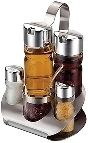SEESEE.U Gewürzständer - Edelstahl Menage Set 5 teilig, Essig- und Ölspender mit Salz- und Pfefferstreuer und Zahnstocher