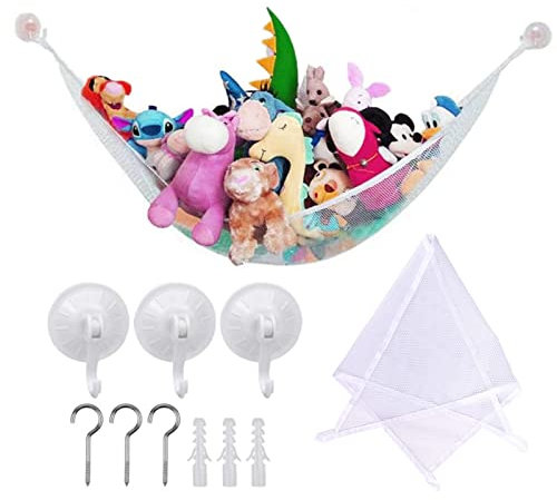 Large Toy Hammock Stuffed Toys Storage Hammock Mesh Net Cuddly Toy Storage Net Organiser for Bedroom Bathroom with 3 Strong Hook Metal Hook(70.8 * 47 * 47inch)
