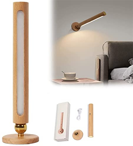 TZSMUM LED Holz Akku Wandleuchte Batteriebetrieben Interieur Dimmbar Wandlampe mit Berühren Schalter USB Wiederaufladbar 6W Modernes 360 ° Drehung Schlafzimmer Nachttischlampe Nachtlicht (1 Stück)