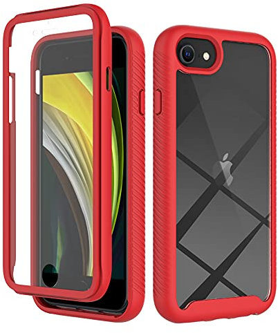 For iPhone SE 2022 / SE 2020/8 / 7 Case with Built-in Screen Protector, 360 Full Body Protective Cover Anti-Scratch Shockproof Transparent Clear Silicone Bumper Slim Phone Case, Red