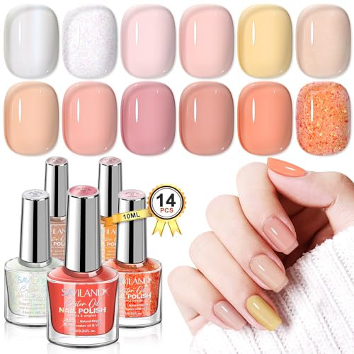 Saviland Nail Polish Sets 12x10ML: Orange Nail Varnishes【1 Min Quick Dry】Base & Top Polish Coat【Long Lasting】Glitter Clear Nude Brown Nail Polish for French Manicure Toenails Gel Art Women Gift Sets