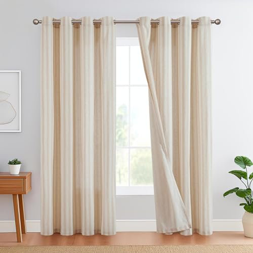 TOPICK Leinen Gestreifte Vorhänge Braun Streifen Gardinen mit Ösen Ticking Streifen Muster Leinenoptik Vorhänge Lichtfilterung für Wohnzimmer Nadelstreifen Gardine Blickdicht 2 Stück H225xB130cm