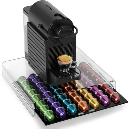 LifeMoreasy Transparenter Kapselhalter- Kaffee Aufbewahrung Schubladenbox für Original Nespresso Kapseln - Organizer für 56 Kapsel, Fließender Auszieh-Design, Robuste Kapselmaschine Ständer